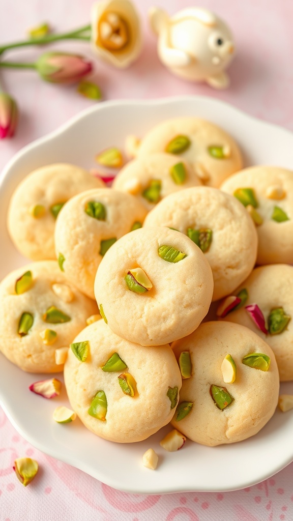 A plate of pistachio rose cookies garnished with pistachios and rose petals.